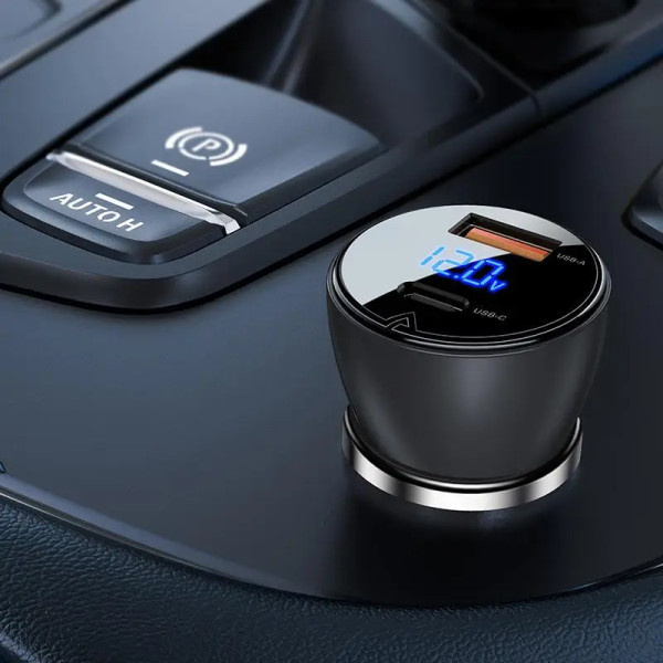 Автомобильное зарядное устройство Acefast B6 Metal USB + USB-C with Digital Display 63W, Transperent Black