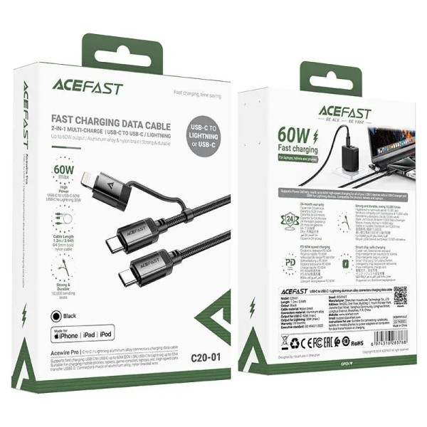 Кабель Acefast C20-01 MFI Cable USB-C to USB- C/Lightning, Black