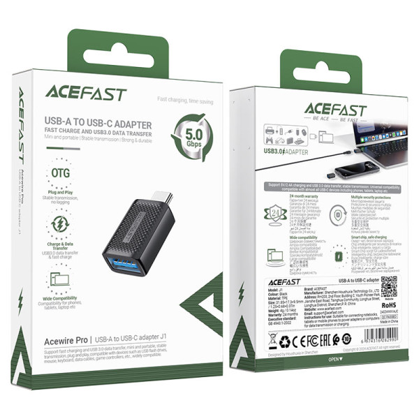 Адаптер переходник Acefast J1 USB to USB-C, Black