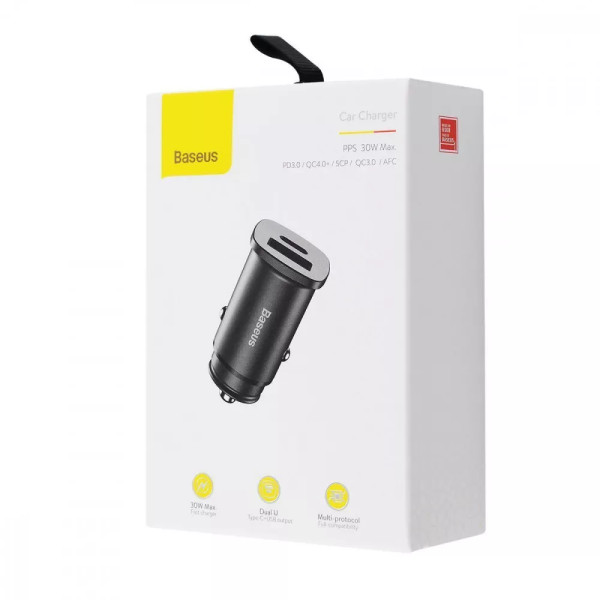 Автомобильное зарядное устройство Baseus Square Metal PD 3.0 QC 4.0+ 30W USB + Type-C, Black