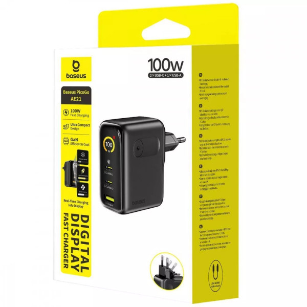 Зарядний пристрій Baseus PicoGo AE21 100W  (2Type-C + USB) + Кабель Type-C to Type-C 100W, 1.5m Black