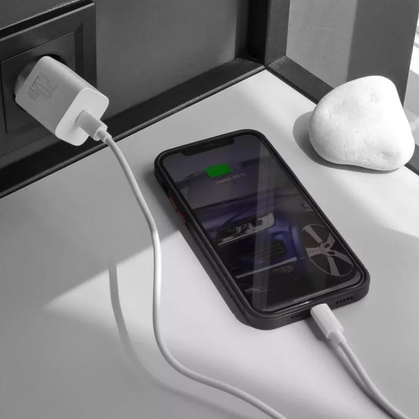 Адаптер питания Baseus Super Silicone Quick Charger 20W (Type-C) + With Cable Type-C to Lightning, White (TZCCSUP-B02)
