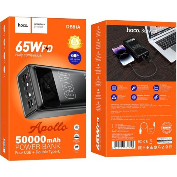 Внешний аккумулятор (павербанк) Hoco DB81A Apollo 50000mAh 65W, Black