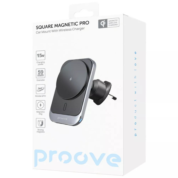 Автодержатель с беспроводной зарядкой Proove Square Wireless Charger Magnetic PRO 15W Metal Gray