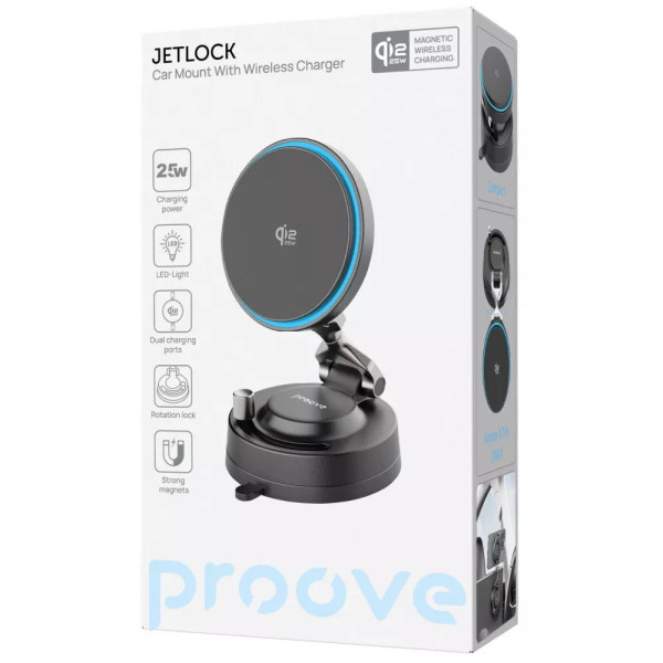 Автодержатель с беспроводной зарядкой Proove JetLock Qi2.2 25W, Black (WHJL25010001)