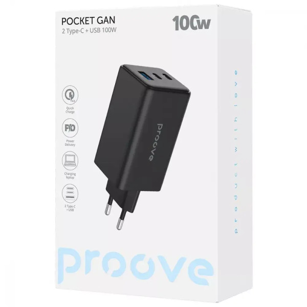 Адаптер живлення Proove Pocket GaN Max 100W (2Type-C + USB), Black (WCPG10012201)