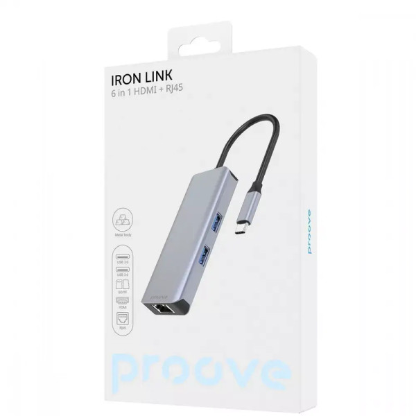Мультипортовый адаптер Proove Iron Link 6 in 1 (2*USB3.0 + SD/TF + RJ45 + HDMI), Silver