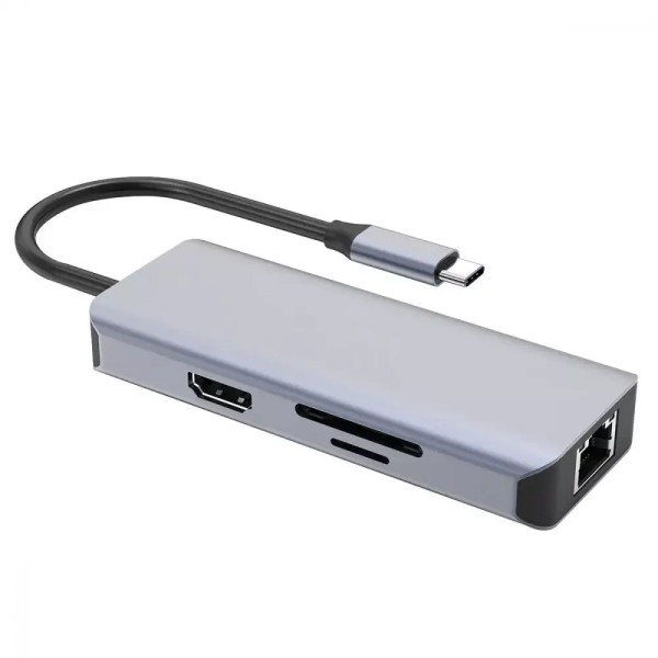 Мультипортовый адаптер Proove Iron Link 6 in 1 (2*USB3.0 + SD/TF + RJ45 + HDMI), Silver