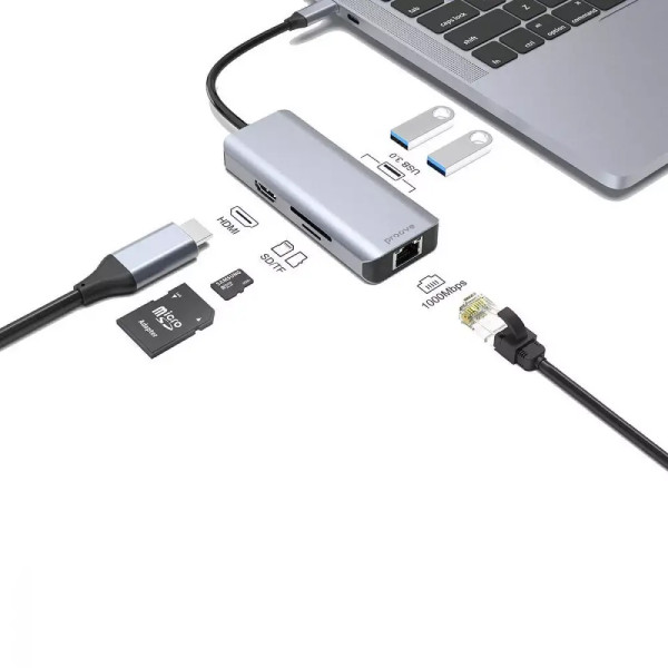 Мультипортовый адаптер Proove Iron Link 6 in 1 (2*USB3.0 + SD/TF + RJ45 + HDMI), Silver