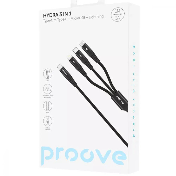 Кабель Proove Hydra 3 in1 Type-C + Micro USB + Lightning (1m), Black
