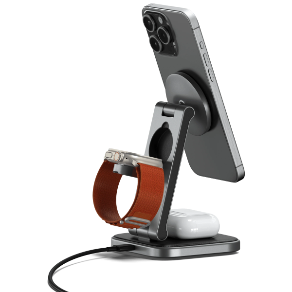 Беспроводная зарядка Satechi 3-in-1 Foldable Qi2 Wireless Charging Stand, Space Gray (ST-Q31FM-EA)