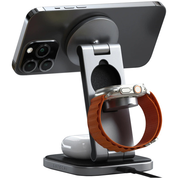 Беспроводная зарядка Satechi 3-in-1 Foldable Qi2 Wireless Charging Stand, Space Gray (ST-Q31FM-EA)